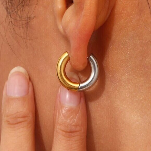 Chunky Mixed Metal Hoop Earrings Gold Silver Reversible Waterproof Hoops Classic - Picture 5 of 13